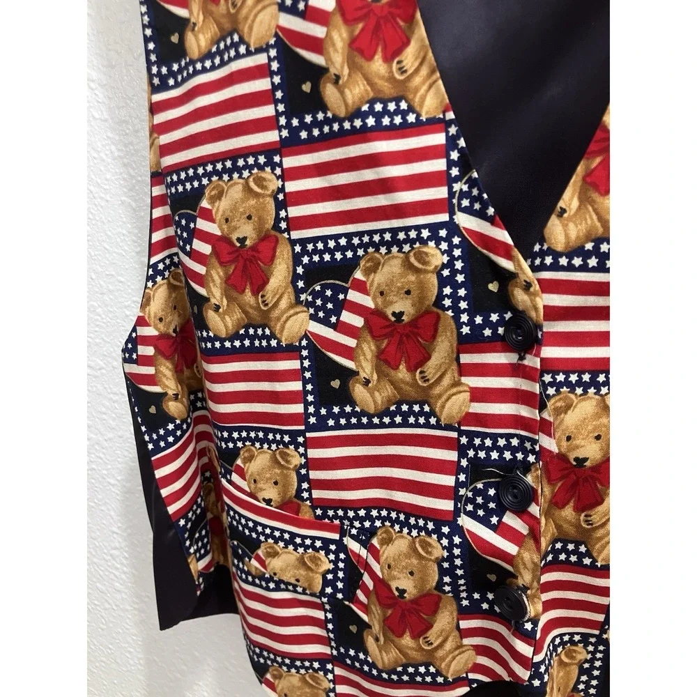 Vintage JLN USA Patriotic Teddy Bear Flag Print Vest Large Made in USA - Picture 2 of 10